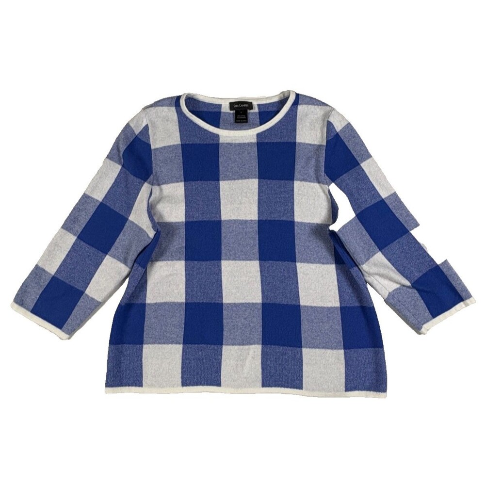 Sara Campbell Sweater M Blue White Check Cotton Cashmere 3/4 Sleeve Preppy